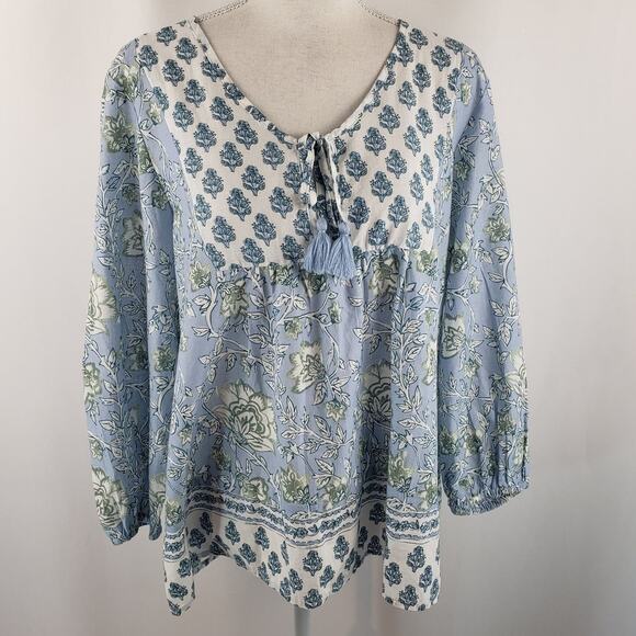 NWT Casa Cabana Blue Floral Tasseled Keyhole Front Tie 3/4 Sleeve Boho Blouse L - Picture 2 of 14